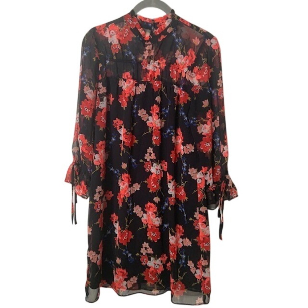 Express Floral Shift Dress M Sheer Boho Romantic Tie Sleeve Mock Neck